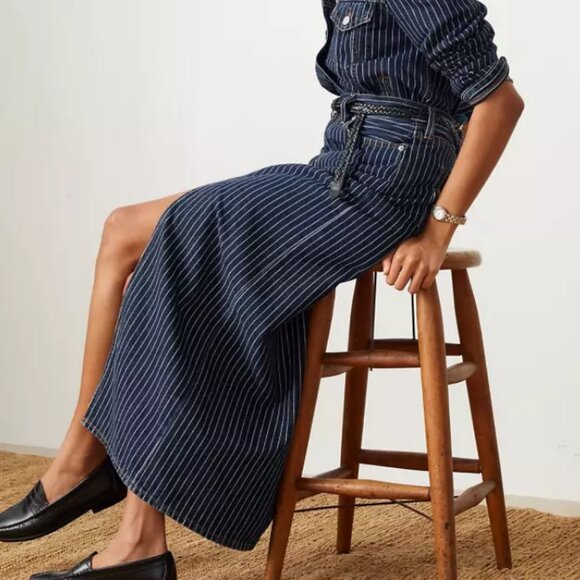 Levi's Premium Ankle Column Denim Skirt Striped Partly Masked Dark Wash NWT - Picture 4 of 12